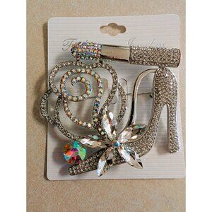 Elegant Crystal Lipstick & High Heel Shoe Brooch Rhinestone Pin for Women Glam